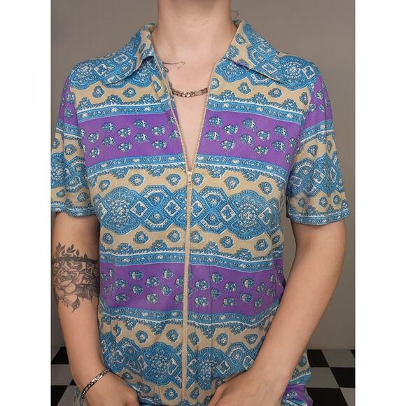 Vtg Mod 60s Half Zip Blue Purple Tan Mid Length Mumu Night Gown Cover Up Sz Sm - Picture 5 of 10
